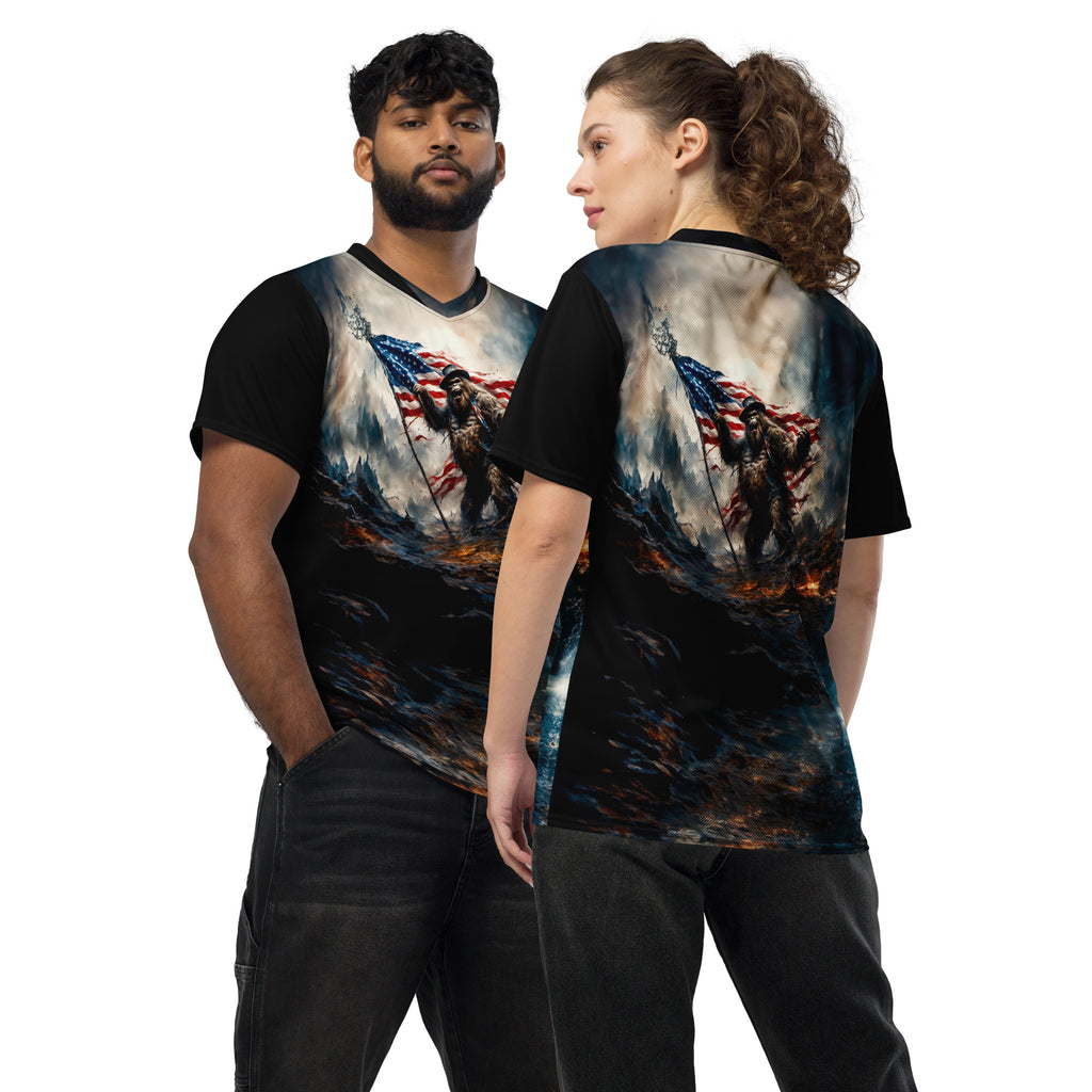 Bigfoot with US Flag Recycled unisex sports jersey