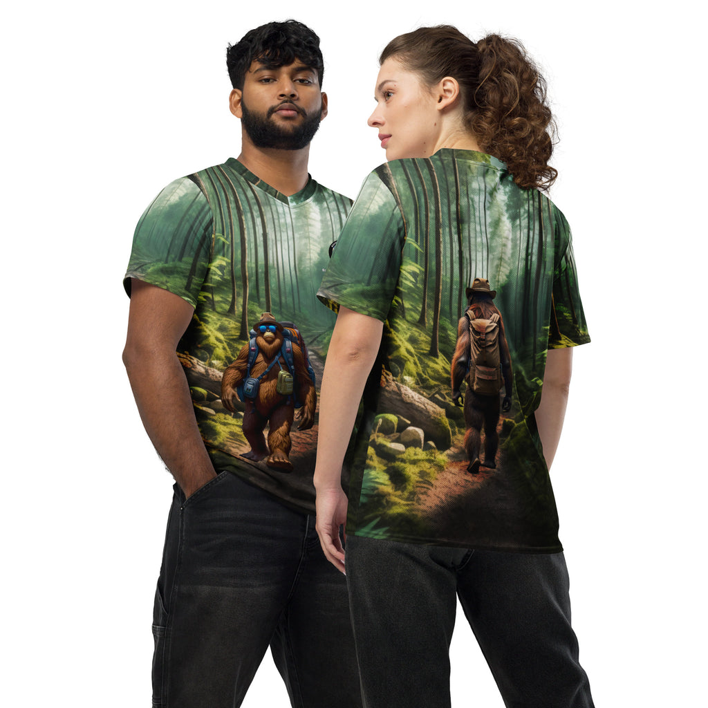 Bigfoot in the woods Recycled unisex sports jersey