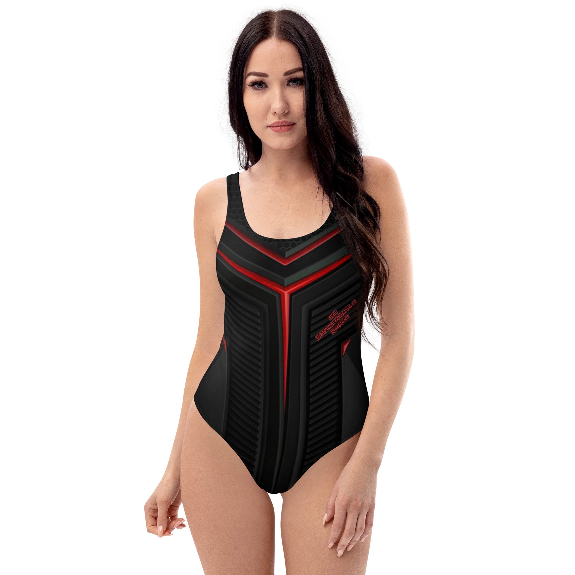 Be Dangerously Happy Black Red Armor One-Piece Swimsuit