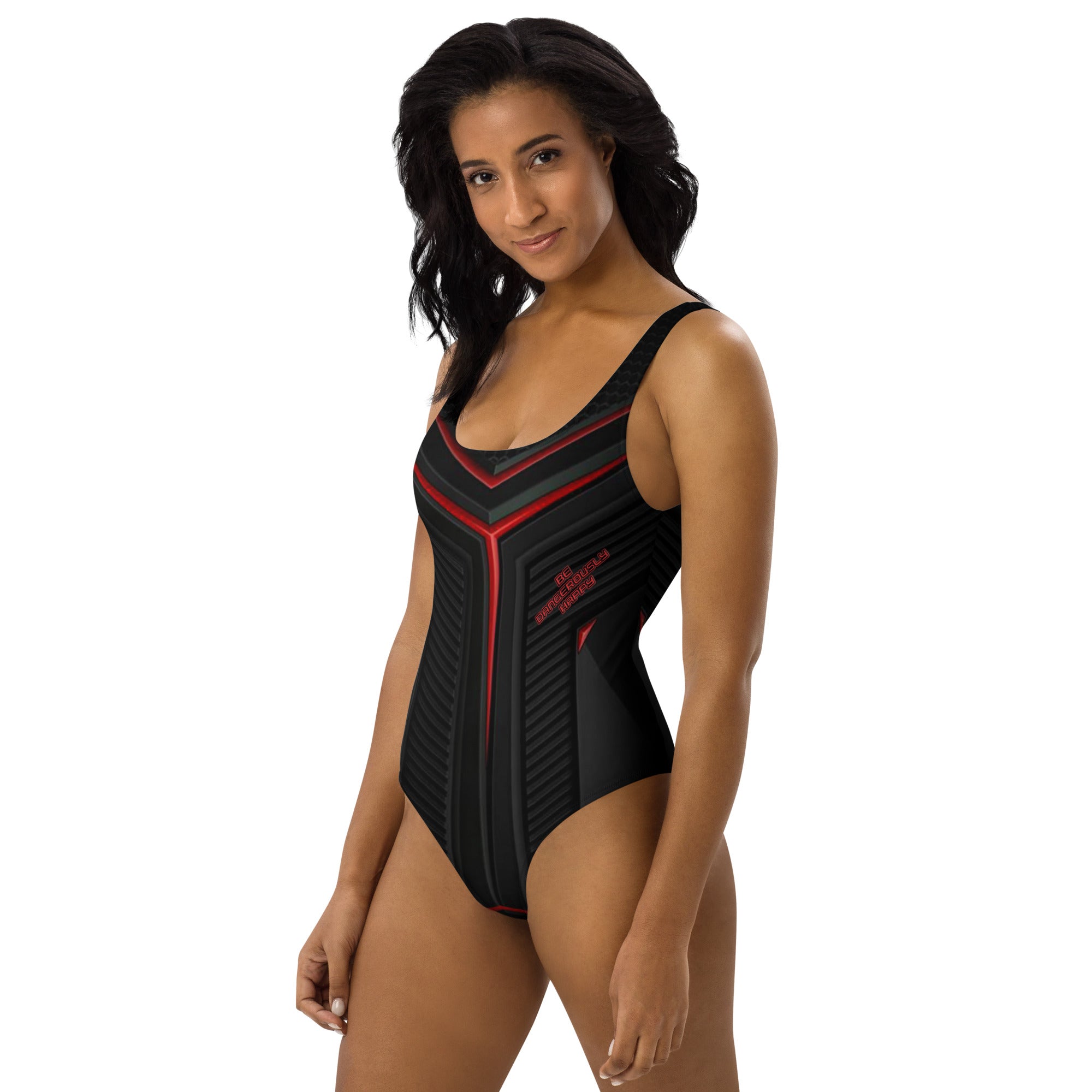 Be Dangerously Happy Black Red Armor One-Piece Swimsuit