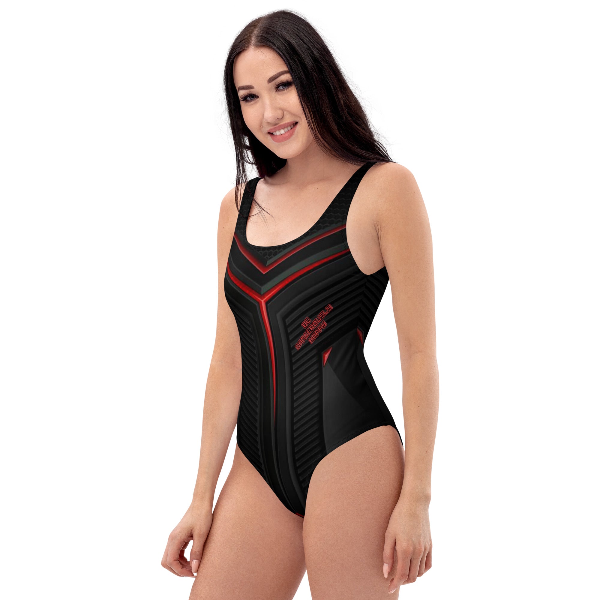 Be Dangerously Happy Black Red Armor One-Piece Swimsuit